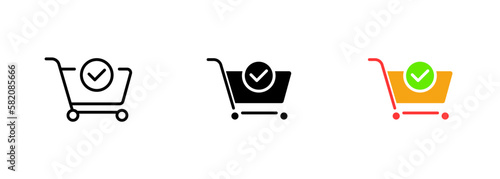 A shopping cart or basket filled with various groceries and a green check mark symbol, indicating that the shopping is complete. Vector set of icons in line, black and colorful styles isolated.