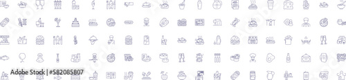 Food and beverage business line icons signs set. Design collection of Food, Beverage, Business, Restaurant, Cafe, Cuisine, Catering, Inventory outline concept vector illustrations