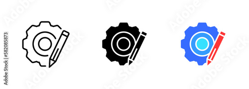 An icon of a gear or cogwheel with a pencil symbol inside it. This icon is often used to represent settings. Vector set of icons in line, black and colorful styles isolated.