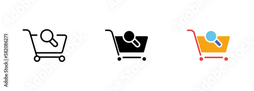 An image of a shopping cart with a magnifying glass, representing the ability to search and find specific items while shopping. Vector set of icons in line, black and colorful styles isolated.