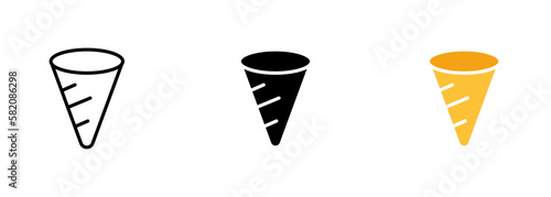 A crispy, cone-shaped pastry filled with ice cream or other sweet fillings, commonly known as a waffle cone. Vector set of icons in line, black and colorful styles isolated.