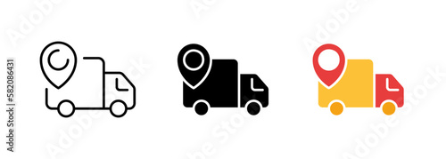 A cargo van with the JPS logo, representing a reliable and efficient transportation service for delivering goods and products. Vector set of icons in line, black and colorful styles isolated.