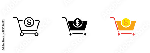 A shopping basket with a dollar sign icon is a symbol commonly used to represent online shopping or e-commerce. Vector set of icons in line, black and colorful styles isolated.