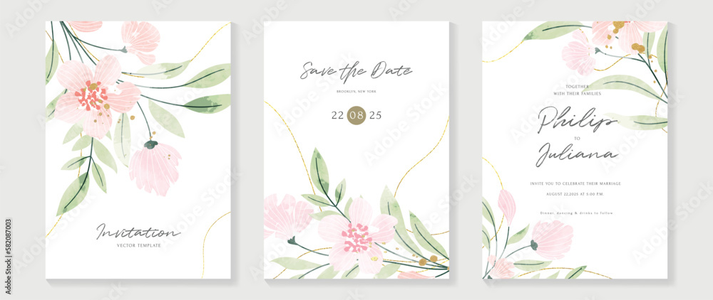 Luxury wedding invitation card background vector. Minimal hand painted watercolor botanical flowers texture template background. Design illustration for wedding and vip cover template, banner, poster.