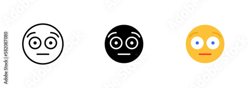 A face with a tilted eyebrow and a questioning expression, representing confusion, puzzlement, or misunderstanding. Vector set of icons in line, black and colorful styles isolated.