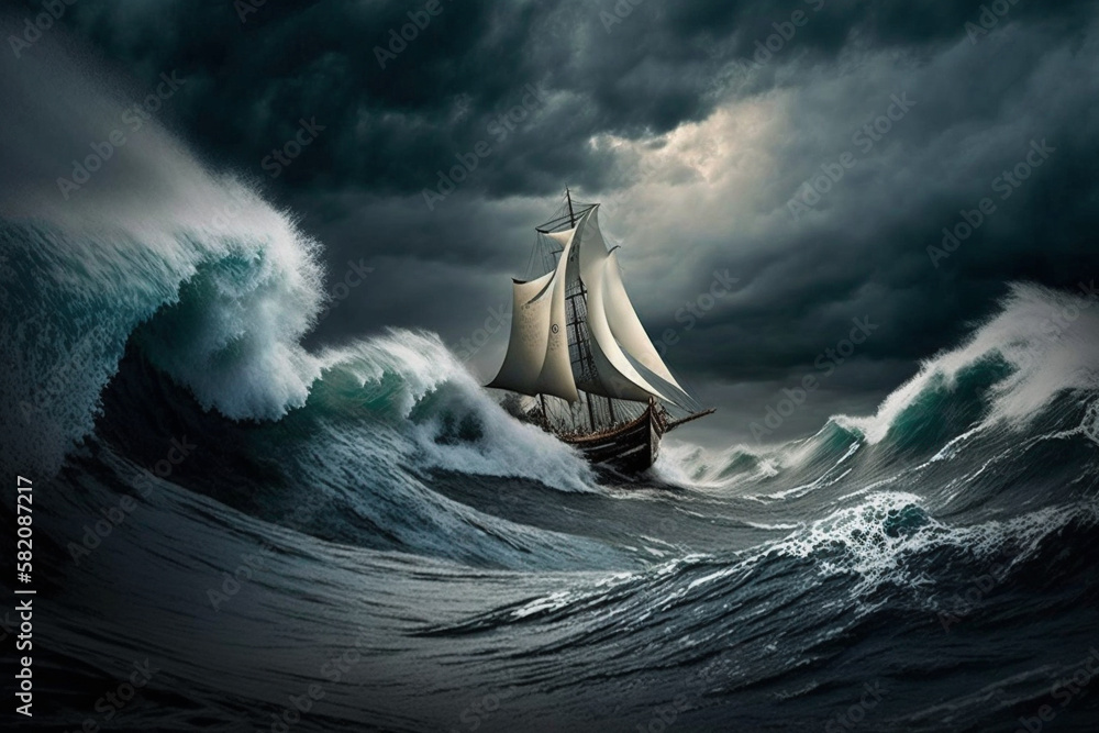 Sailing ship in a giant storm with crashing waves. Sailing Boat inside ...