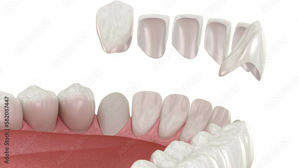 Dental veneer placement procedure. Dental 3D animation Dental veneer placement procedure. Dental 3D animation