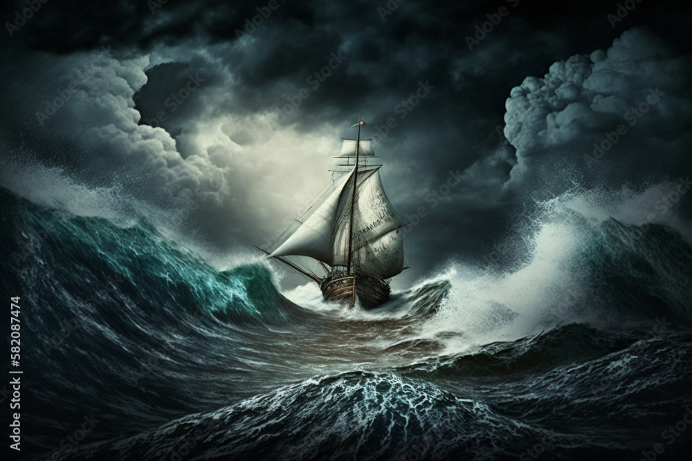 Sailing ship in a giant storm with crashing waves. Sailing Boat inside ...