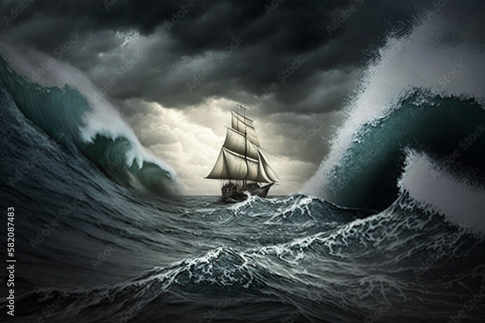 Sailing ship in a giant storm with crashing waves. Sailing Boat inside ...