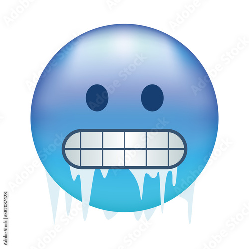 Cold emoji. Freezing emoticon, icy blue face with gritted teeth, icicles and snow cap