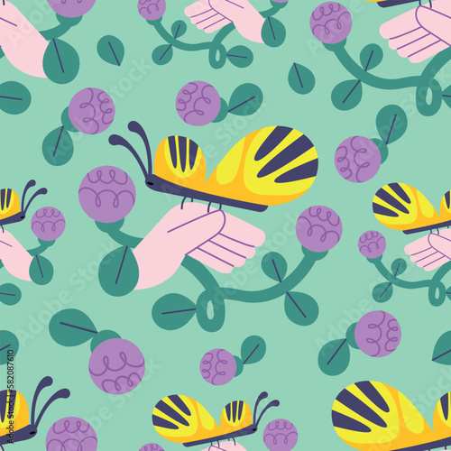 Seamless pattern with a butterfly sitting on the arm and flowers in menthol color. Fashionable background in a flat style.