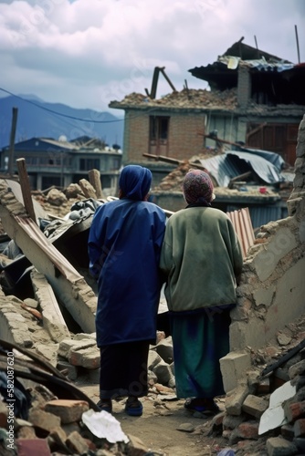 Refugees, view from the back, looking at damaged homes. Homeless people in front of destroyed home buildings because of earthquake or war missile strike. Refugees, war and economy crisis.