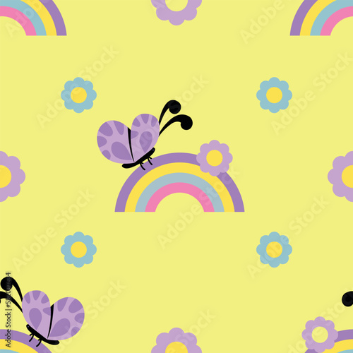 A repeating retro floral pattern with a butterfly and a rainbow on a yellow background. Fashionable background in a flat style.