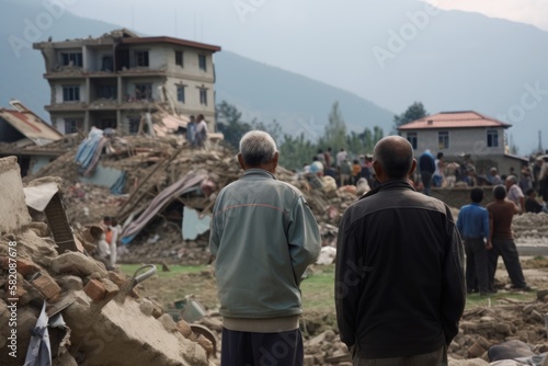 Refugees, view from the back, looking at damaged homes. Homeless people in front of destroyed home buildings because of earthquake or war missile strike. Refugees, war and economy crisis.