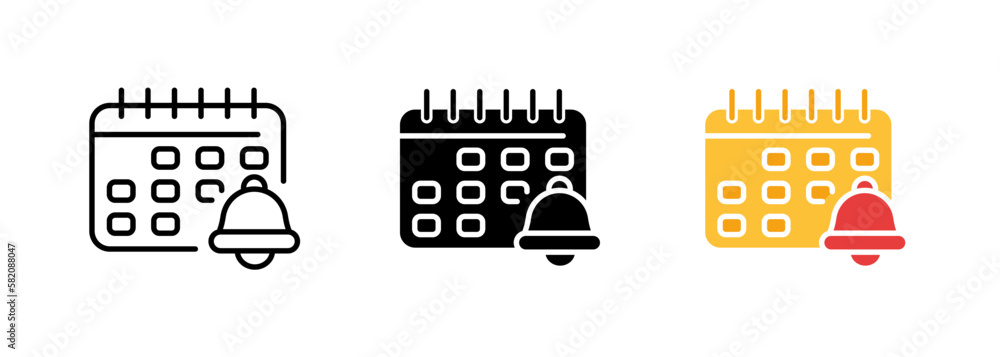 A calendar icon featuring a small alarm clock, indicating a scheduled event or deadline. Vector set of icons in line, black and colorful styles isolated.