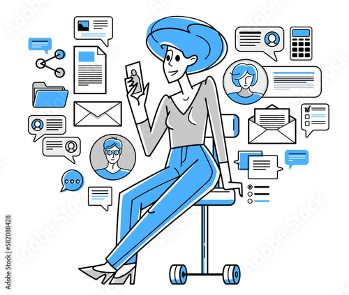 Phone working online person doing some job vector outline illustration, smartphone remote virtual working freelancer or a part of coworking team.