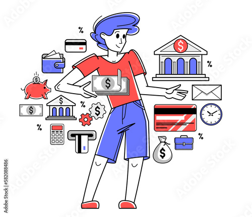 Banking vector outline illustration, manager working with finances or customer manages his account with deposit or credit, personal savings.