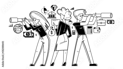 Business team collecting data for analysis and searching for opportunities looking in spyglass telescope vector outline illustration, entrepreneurs analyzes financial chats.