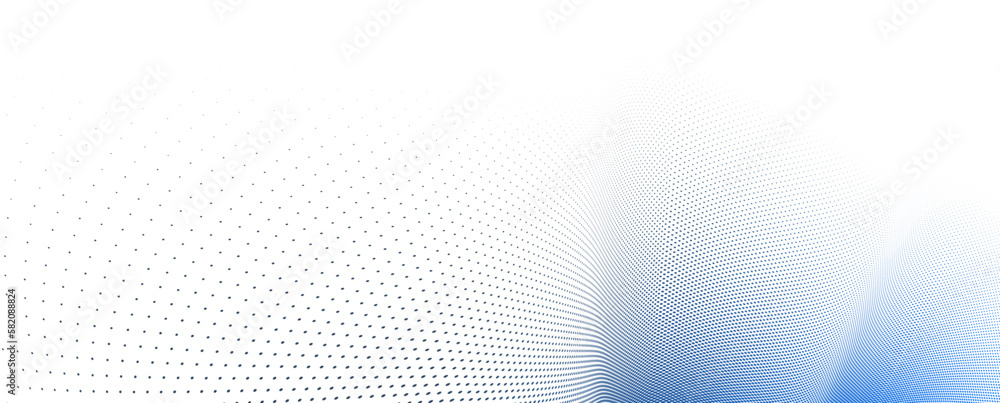Blue and grey dots in 3D perspective vector abstract background, dotted pattern cool design, wave stream of science technology or business blank template for ads.