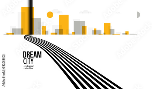 Future city on a horizon with highway road fast going to it vector abstract background, metropolis skyline with speed highway, road to town.