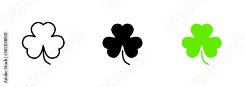 An illustration of a three-leaf clover, a symbol of good luck and prosperity, with its bright green leaves. Vector set of icons in line, black and colorful styles isolated.