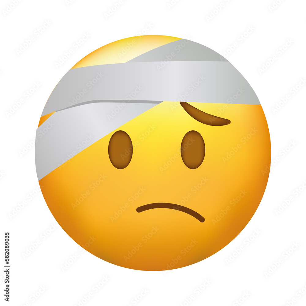 Emoji with bandage. yellow face with a half frown and white bandage wrapped around its head