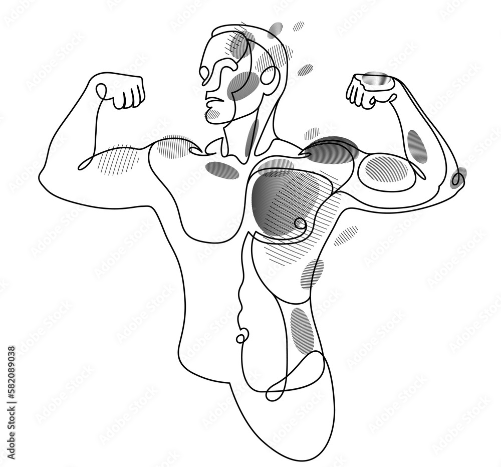 Linear Drawing Of A Perfect Body Fit Model Man Posing Vector Illustration Isolated Muscular