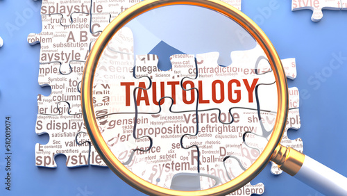 Tautology being closely examined along with multiple vital concepts and ideas directly related to Tautology. Many parts of a puzzle forming one, connected whole.,3d illustration