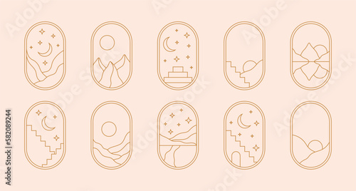 Trendy boho landscape frame. Minimal linear bohemian windows desert mountain moon sun for icon logo tattoo. Vector line set