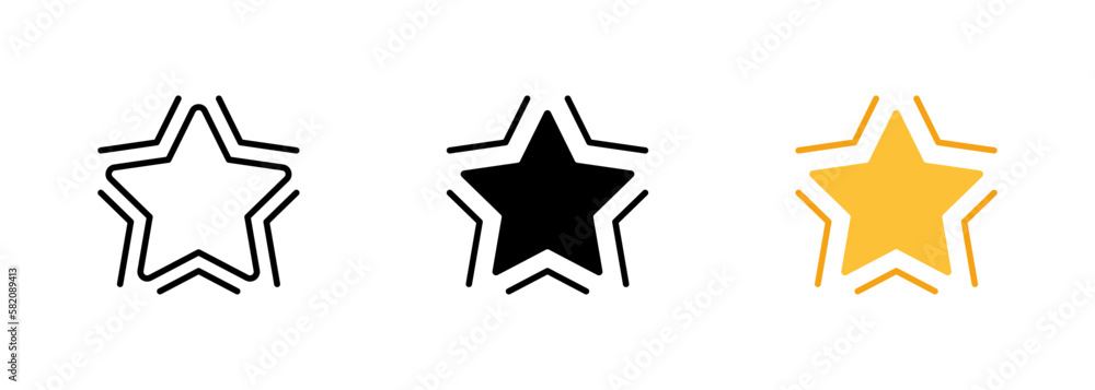 Obraz premium A glowing star symbol, often used to represent a shining or brilliant idea, a guiding light, or a sense of hope or inspiration. Vector set of icons in line, black and colorful styles isolated.