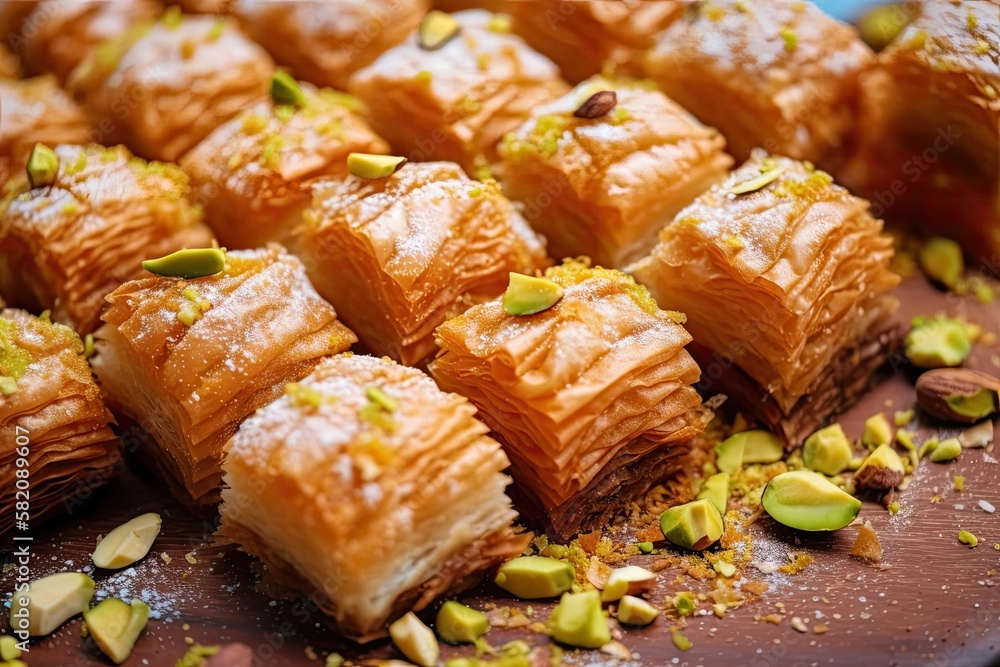 Exquisite Baklava Display, Capturing the Golden Brown and Luscious Layers of this Middle Eastern Treat, created with Generative AI technology