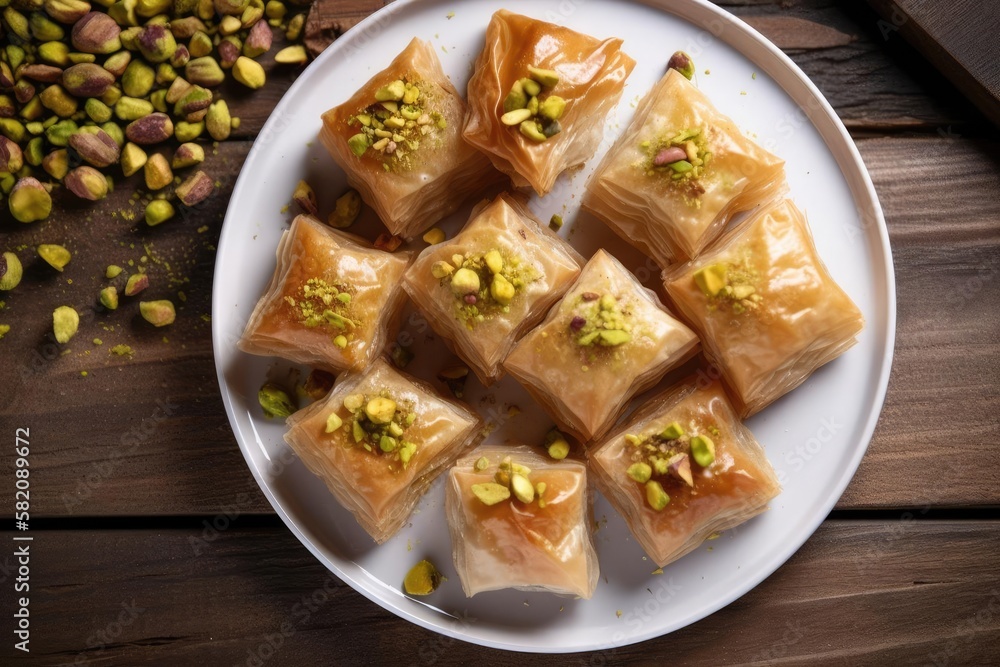 Exquisite Baklava Display, Capturing the Golden Brown and Luscious Layers of this Middle Eastern Treat, created with Generative AI technology Exquisite Baklava Display, Capturing the Golden Brown and Luscious Layers of this Middle Eastern Treat, created with Generative AI technology