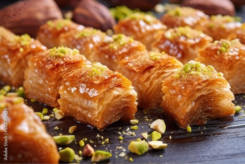 Exquisite Baklava Display, Capturing the Golden Brown and Luscious Layers of this Middle Eastern Treat, created with Generative AI technology