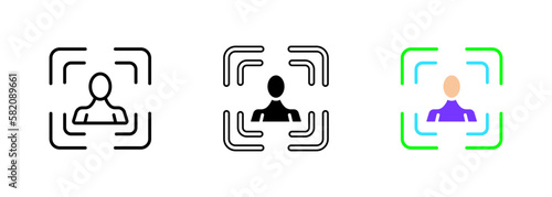 Facial scanning is the process of using biometric technology to capture and analyze an individual's unique facial features. Vector set of icons in line, black and colorful styles isolated.