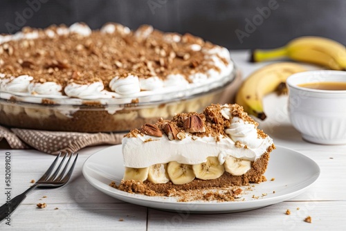Irresistible Banoffee Pie, Showcasing Beige and Golden Tones of this Decadent British Dessert, created with Generative AI technology