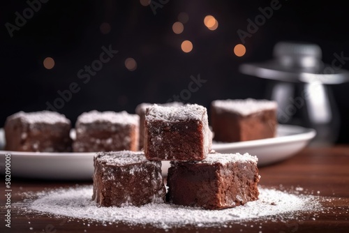 Delectable Dark Brownies, Emphasizing the Richness and Irresistible Texture of this Chocolate Treat, created with Generative AI technology