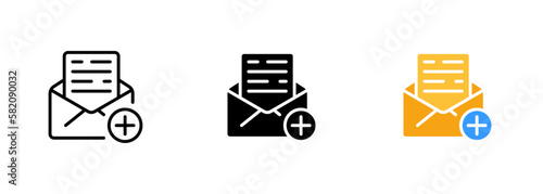 An envelope with a red plus sign, indicating the presence of additional contents or attachments. Vector set of icons in line, black and colorful styles isolated.