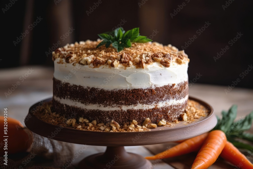 Mouthwatering Carrot Cake, Accentuating the Warm Hues and Creamy Frosting of this Beloved Dessert, created with Generative AI technology Mouthwatering Carrot Cake, Accentuating the Warm Hues and Creamy Frosting of this Beloved Dessert, created with Generative AI technology