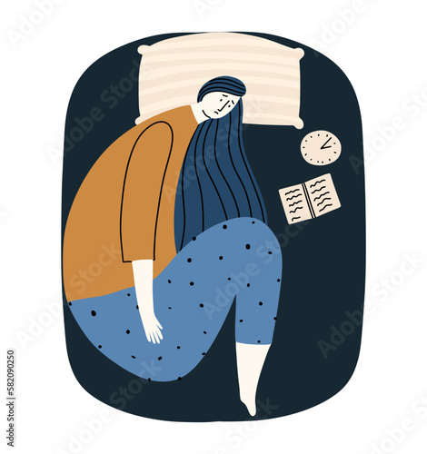 Concept of insomnia, anxiety disorder. The woman cannot sleep at night. Vector illustration in flat style