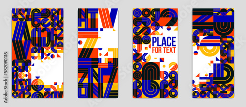 Abstract covers vector designs set, geometric modern art theme, colorful artistic illustrations as a backgrounds with places for text.