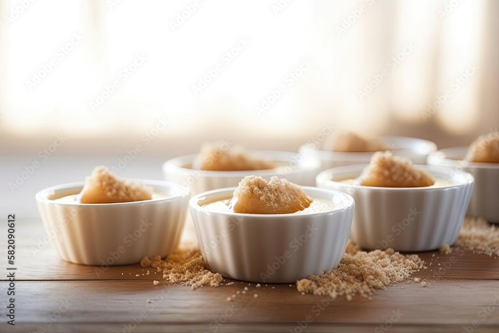 Elegant Creme Brulee, with Beige and Caramelized Tones, a Classic French Dessert, created with Generative AI technology Elegant Creme Brulee, with Beige and Caramelized Tones, a Classic French Dessert, created with Generative AI technology