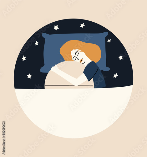 A woman sleeps in an embrace with a sleeping pill. Insomnia treatment concept. Vector illustration in flat style