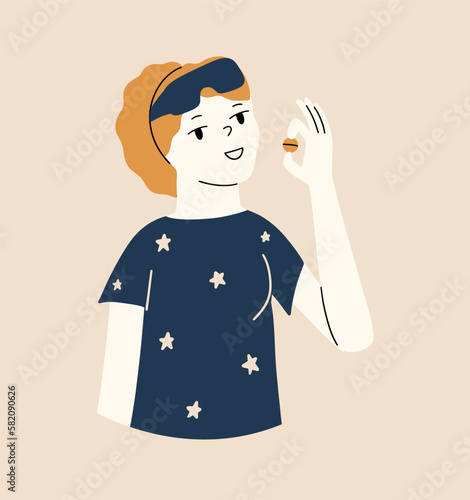 A girl in a nightgown holds a sleeping pill or magnesium in her hand. The concept of prevention of insomnia, anxiety disorders. Vector illustration in flat style