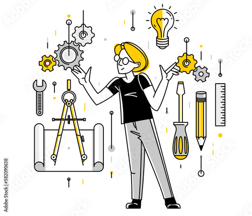 Mechanic engineer working on a draft plan vector illustration, inventor or repair job, engineering machine industry, system technician.