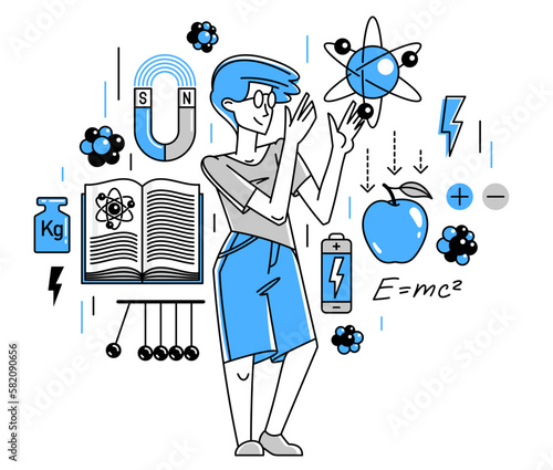 Physicist working on some theoretical physics or making an experiment vector outline illustration, or student studying physics in university, education teacher.