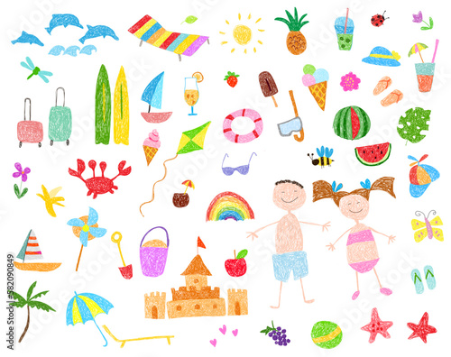 Children's drawing of summer icons.