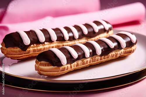 Sophisticated Eclairs, Emphasizing Beige and Chocolate Tones, a Luxurious French Dessert to Savor, created with Generative AI technology