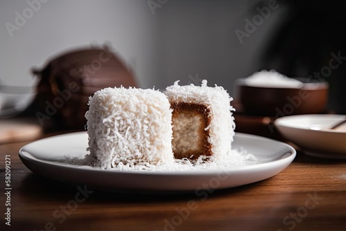 Delightful Lamingtons, a Classic Australian Dessert with Beige and Chocolate Tones, created with Generative AI technology