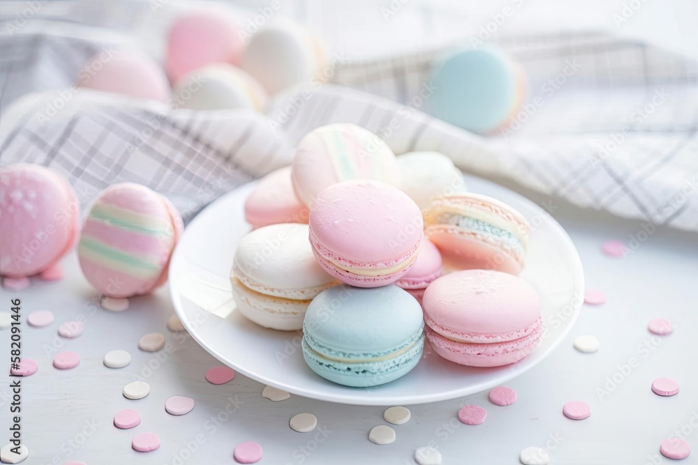 Obraz premium Exquisite Macarons, a Pastel of Colors and Flavors, created with Generative AI technology
