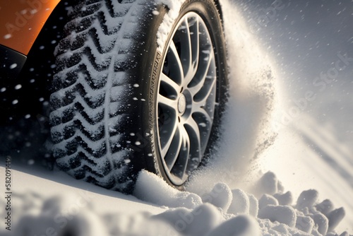 Driving on snow, closeup on tyre